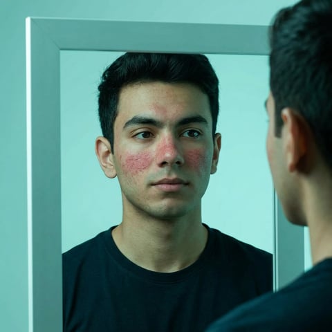 Man in black shirt looking at his reflection in a mirror with a turquoise background