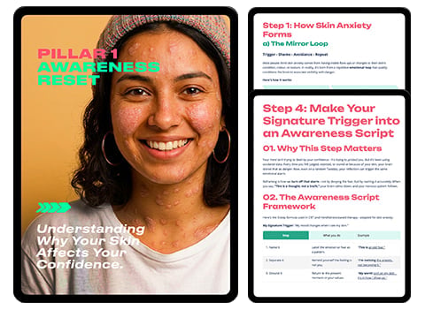 Book cover and interior page about skin anxiety and signature triggers, featuring a smiling woman and text on steps for awareness
