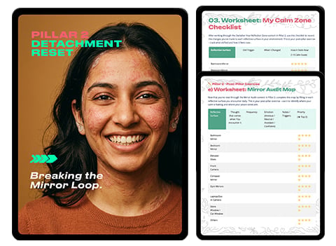 Left: Magazine cover with smiling woman and text about detachment and breaking the mirror loop. Right: Two worksheet screenshots showing a calm zone checklist and mood map.