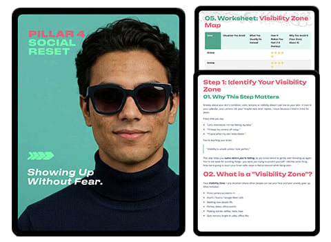 Man wearing sunglasses on turquoise background next to visibility zone map and instructional guide about social media visibility.