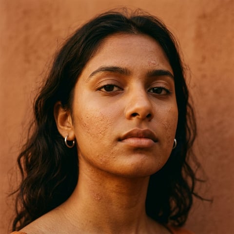 Portrait of a woman with long dark hair and freckles against a warm terracotta background