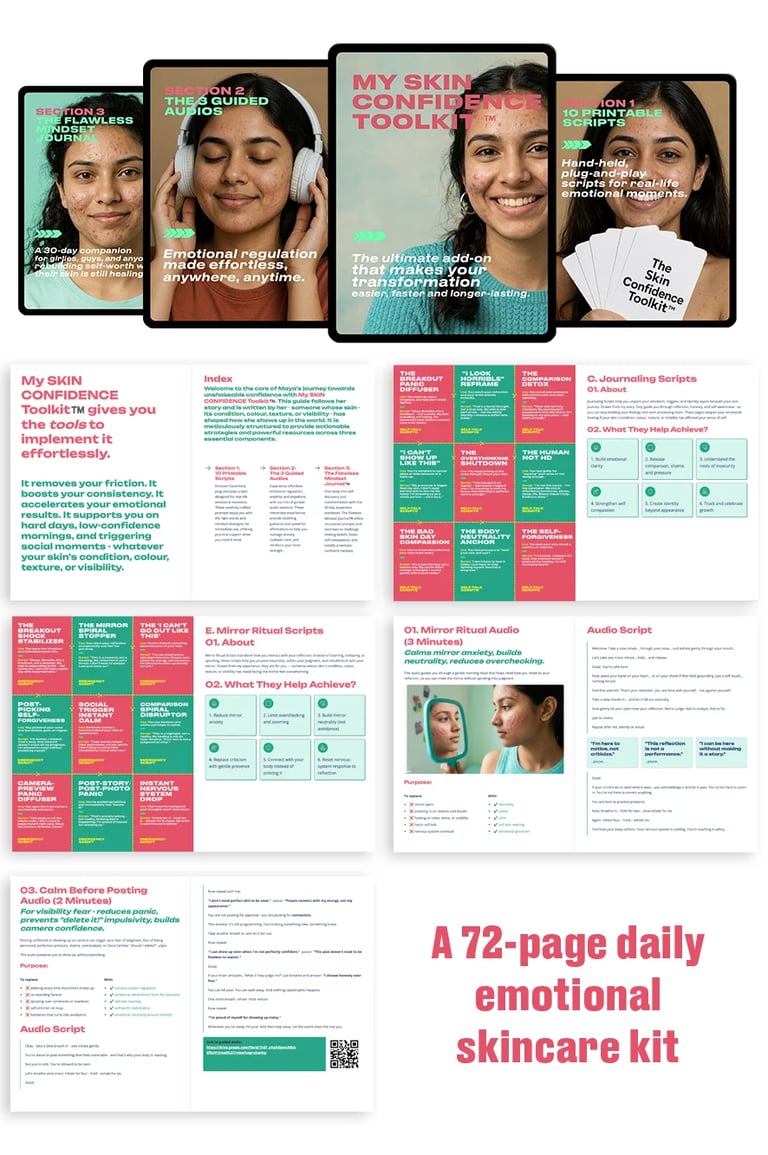 My Skin Confidence Toolkit digital product showcase featuring mobile app screens and 72-page skincare guide with emotional wellness resources