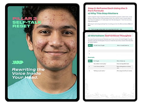 Two tablet screens showing mental health app: left screen displays Pillar 3 Self-Talk Reset with a young mans portrait on turquoise background; right screen shows worksheet for self-critical thoughts.