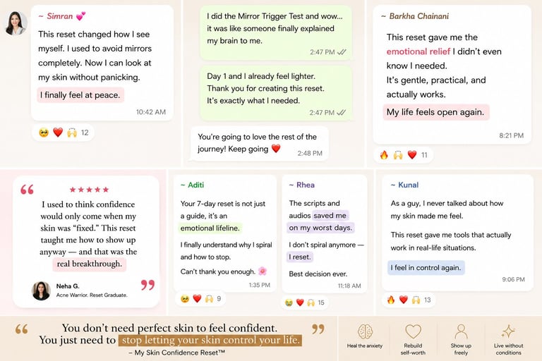 Screenshot of customer testimonials and reviews praising skincare products and results, featuring multiple user messages with positive feedback and star ratings.