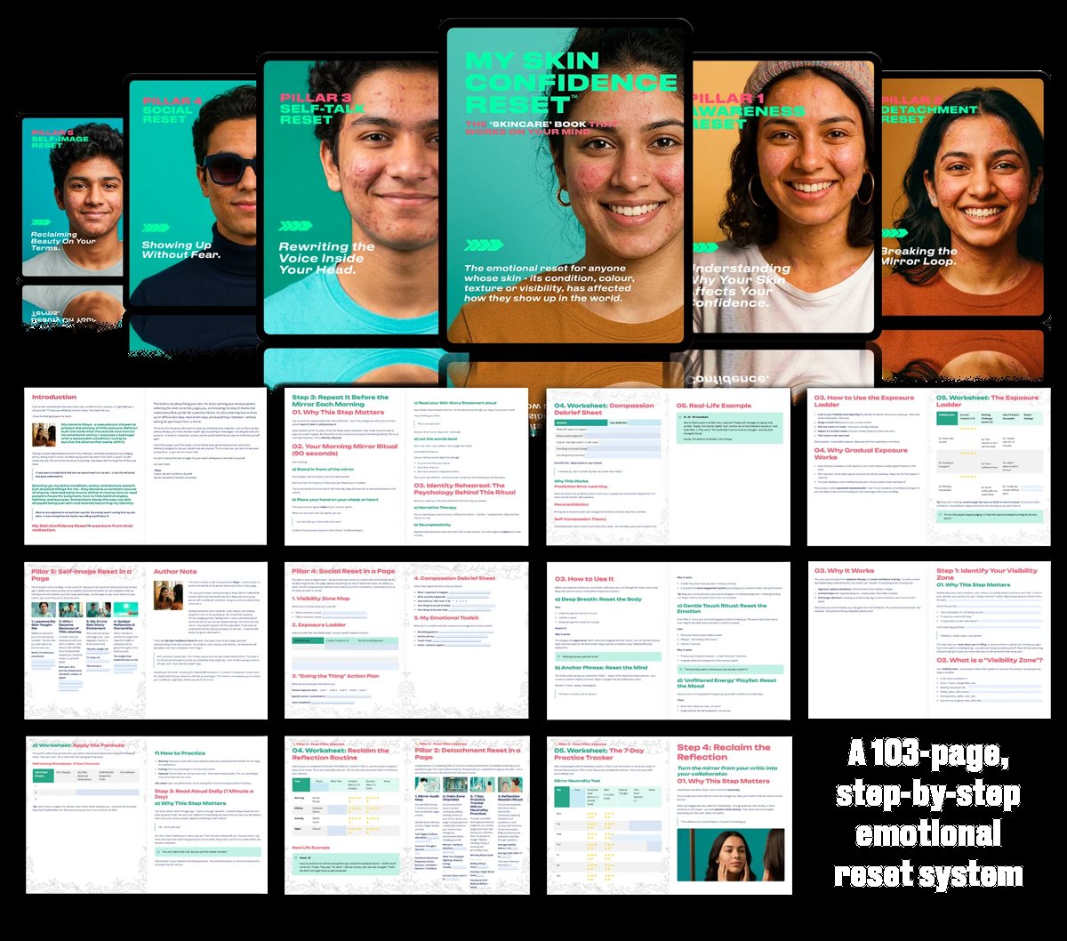Portfolio mockup showing profile cards with diverse faces and corresponding document layouts with turquoise and orange color scheme
